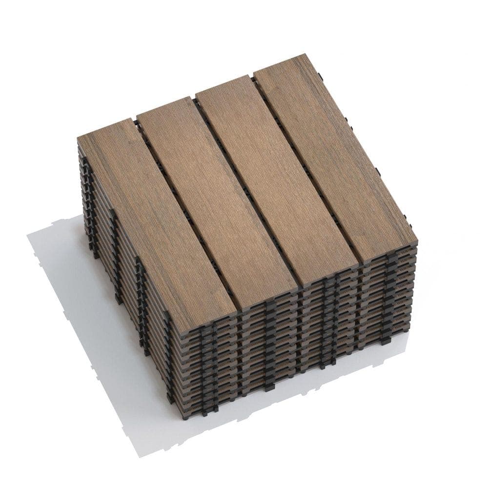 Unbranded 1 ft. x 1 ft. Oak Patio Floor Tiles Pack of 11 WPC Wood-Plastic Composite Patio DIY Interlocking Decking Tiles (3)
