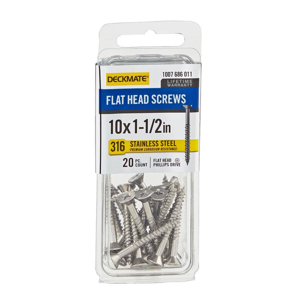 DECKMATE Marine Grade Stainless Steel #10 X 1-1/2 in. Flat Head Phillips Screw (20 Pieces) (1)