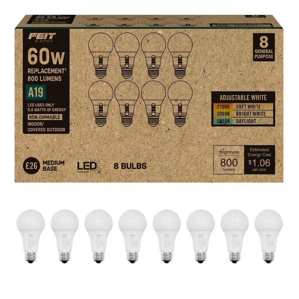 Feit Electric 60-Watt Equivalent A19 Non-Dimmable 90 CRI E26 LED Light Bulb Selectable Color Temperature (2700K/3000K/5000K) 8-Pack (2)