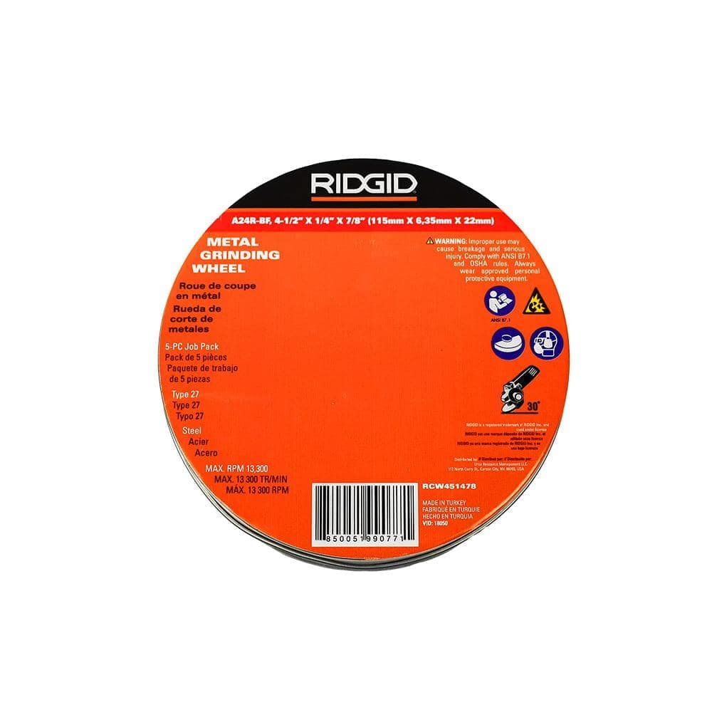 RIDGID 4-1/2 in. x1/4 in. x7/8 in. Metal Grinding Wheel Job Pack Type 27 Depressed Center Aluminum Oxide Cutting Wheel(5 Discs) (3)