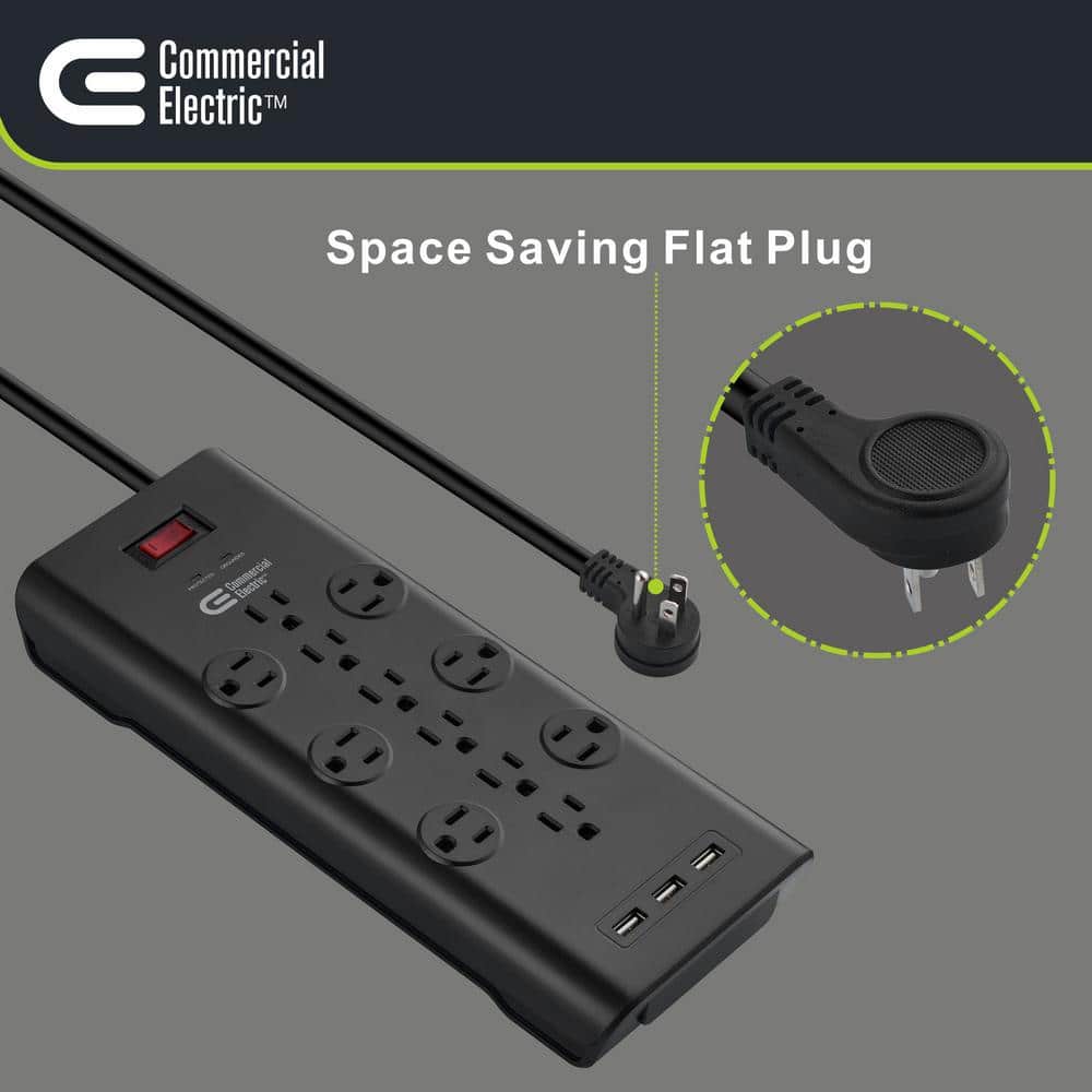 Commercial Electric 6 ft. 12-Outlet Black Surge Protector with USB (3)
