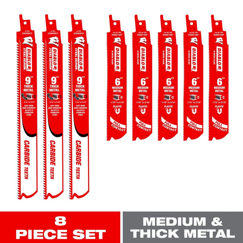 DIABLO 9 in. 8 TPI 6 in. Bi-Metal 14/18 TPI Steel Demon Carbide Recip Blades for Medium and Thick Metal Cutting (8-Pack) (1)