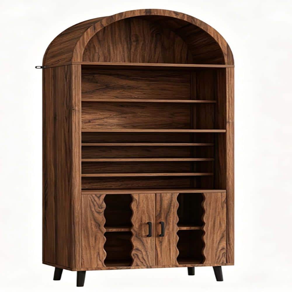 XUJMK 26 in W x 16 in D x 71 in H Linen Cabinet, Pantry Storage Cabinet Arched Bar Cabinet in Brown with Wine Glass Holder (1)