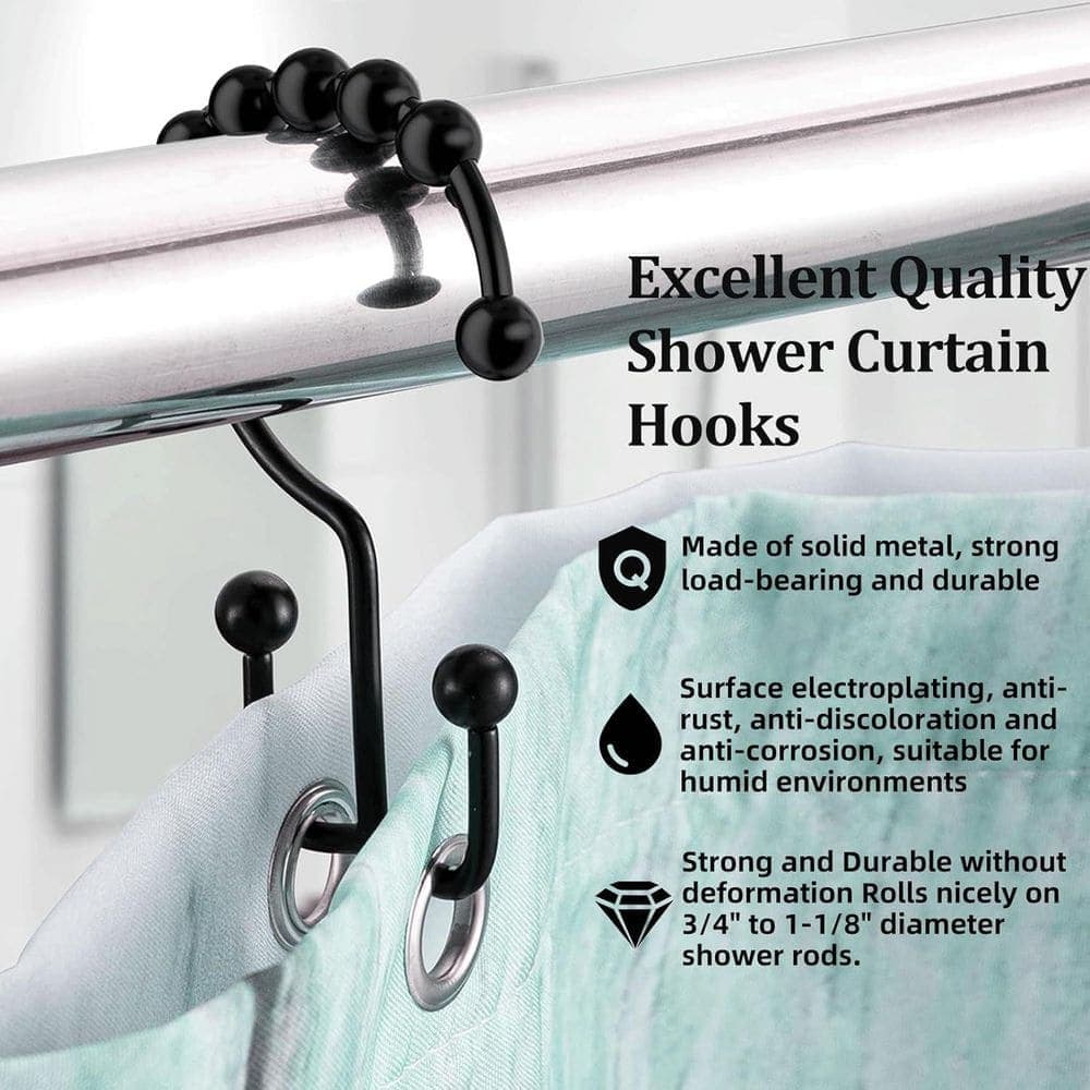 Tahanbath 12-Pack Rust-Proof Double-Track Metal Shower Curtain Rings/Hooks in Black for Bathroom Rods (2)