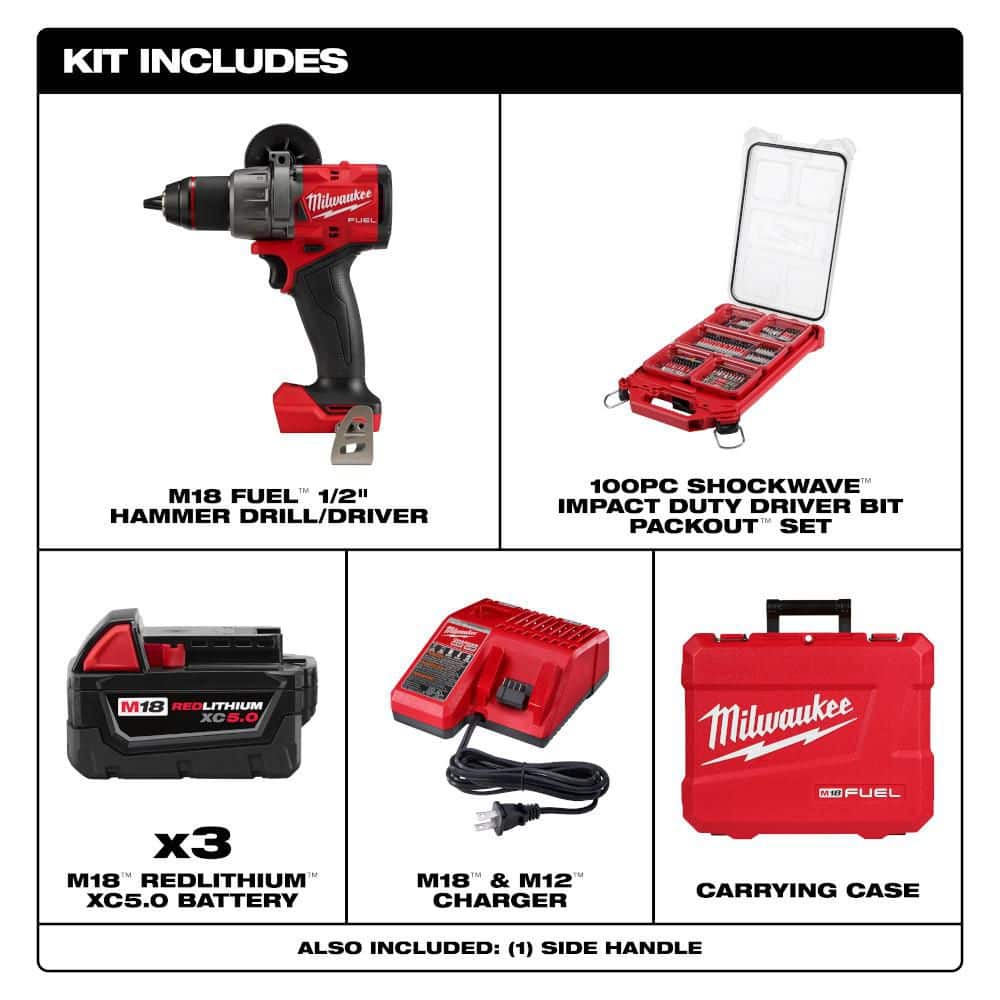Milwaukee M18 FUEL 18V 1/2 in. Hammer Drill Kit w/ (3) 5. 0Ah Batteries, Hard Case with 100-Pc Bit Set w/ PACKOUT (2)