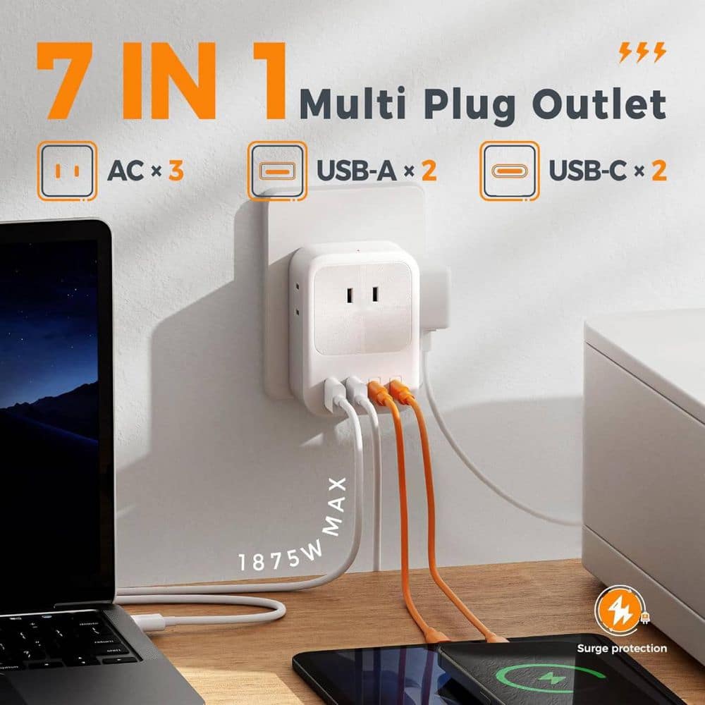 Yichuhaoxi USB C Charger Block, Wall Charger Plug with 3 AC and 4 USB Charging Ports, 2 Prong Outlet Extender in White (3)