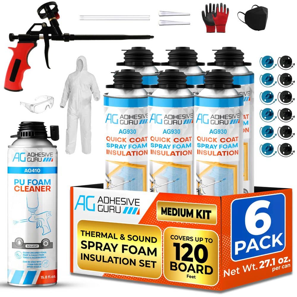 AG ADHESIVE GURU AG930S Insulation Foam Set-6 Pack Spray Foam Sealant (32.8 oz. ) and Foam Cleaner and Foam Gun, Thermal-Sound Insulation