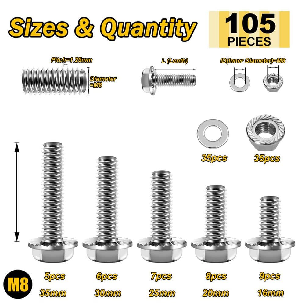MYWISH 105-Piece M8 x 1. 25 Flanged Hex Head Bolt and Serrated Flange Nut Kit, 304-Stainless Steel, DIN 6921 (2)