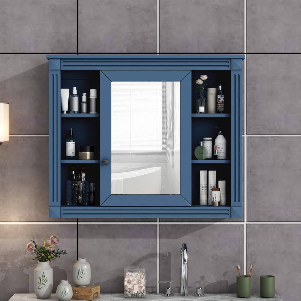 Unbranded Modern Style 35 in. W x 7 in. D x 28.7 in. H Bathroom Storage Wall Cabinet in Royal Blue with Mirror (2)