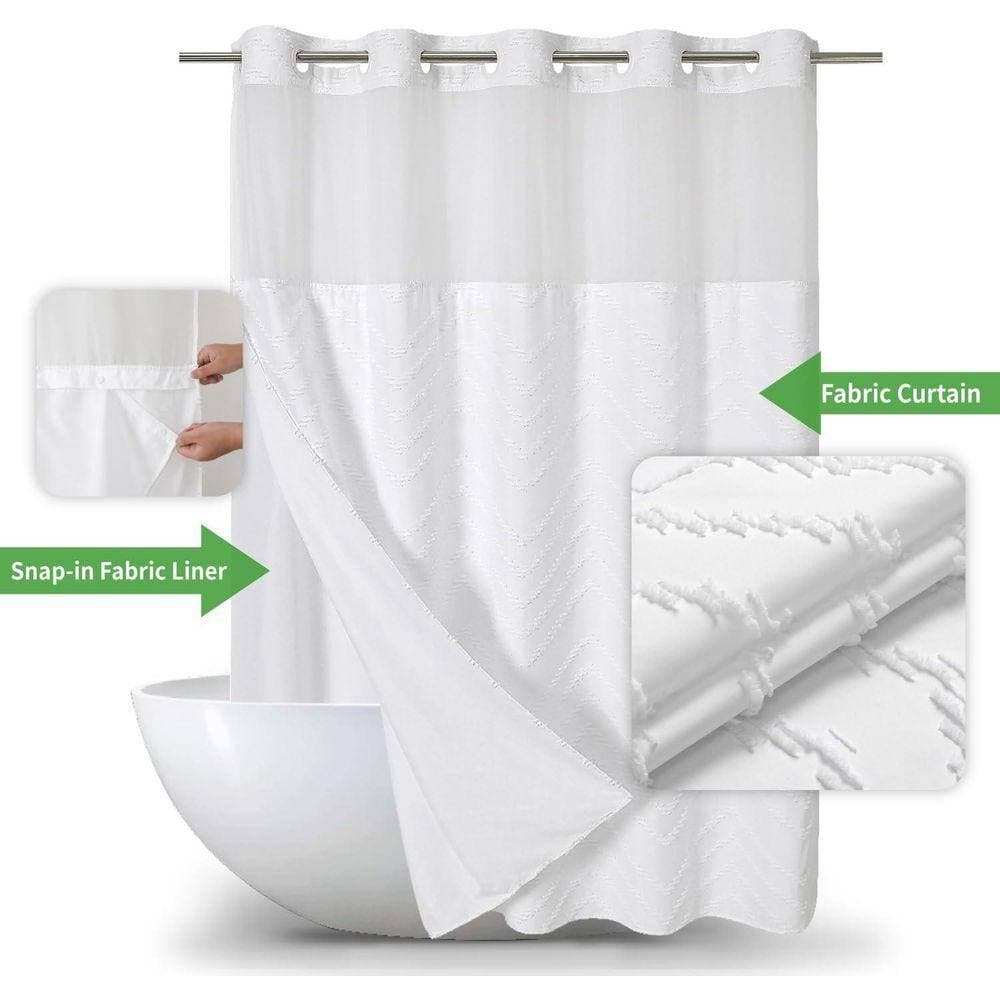 Unbranded Hotel Grade Boho Tufted Chevron Striped Shower Curtain with Snap-in Fabric Liner See Through Top Window 71x74 White (3)