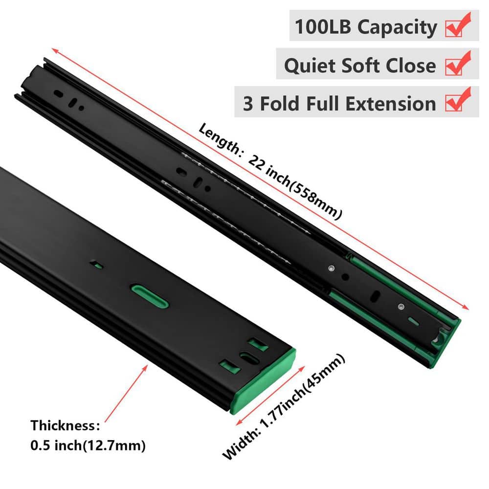 LAIFUCAM 22 in. Zinc-Plated Cold-Rolled Steel Side Mount Heavy Duty Full Extension Soft-Close Ball Bearing Drawer Slides 10 Pair (2)