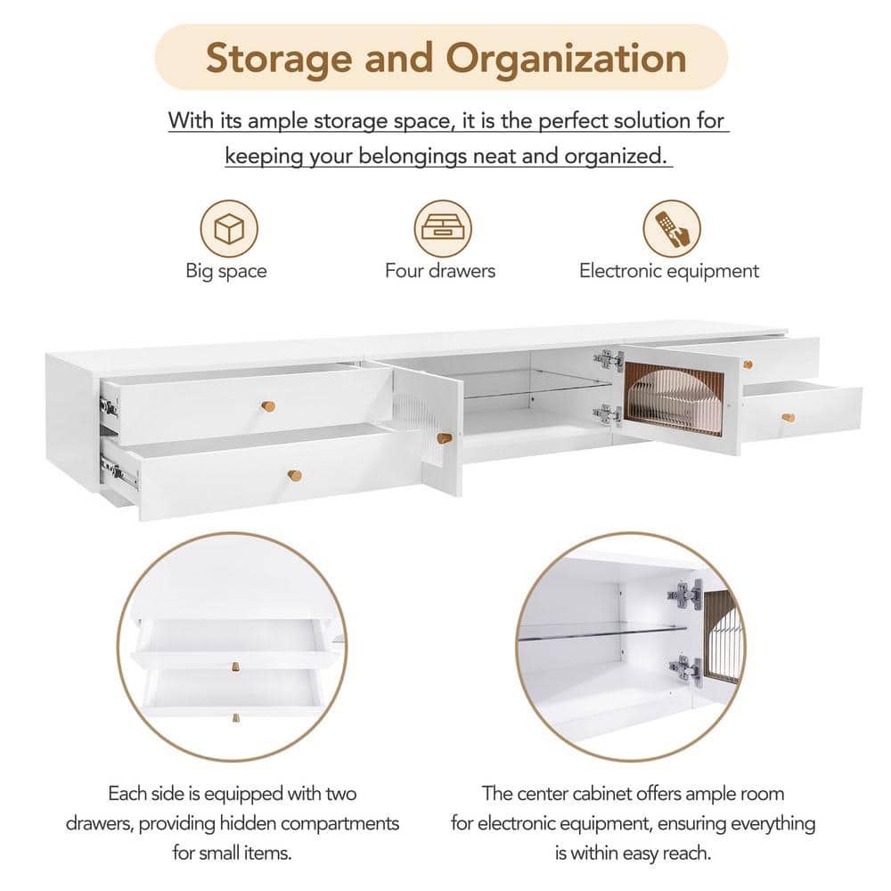 Unbranded 86.6 in. W x 15.7 in. D x 12.8 in. H White Linen Cabinet with 2 Glass Doors, TV Stand Fits TV up to 90 in. (3)