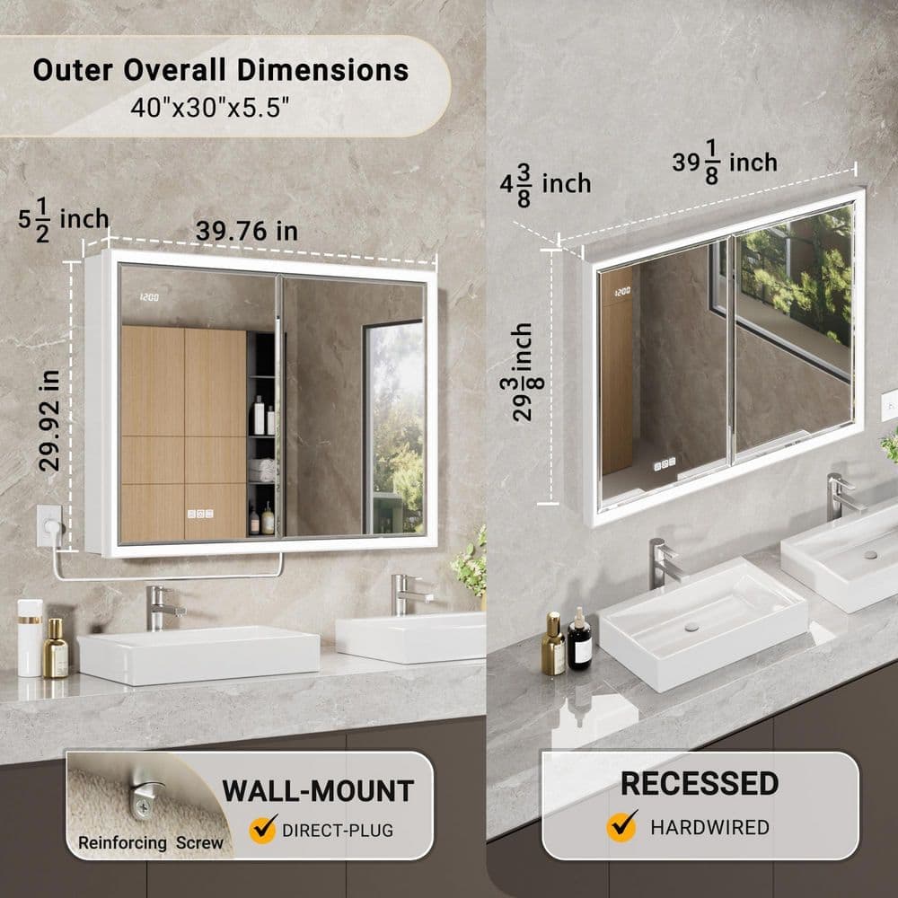 QueenFun Anglora 40in.W x 30in.H Beveled Edge Rectangular Recessed/Surface Wall Medicine Cabinet with MirrorandLight(Side Mirror) (2)