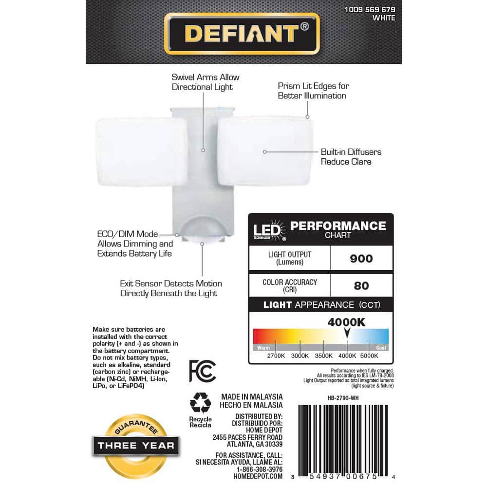 Defiant 270° White Motion Sensor Battery Powered Outdoor 2-Head Dusk to Dawn LED Security Flood Light 900 Lumens (4)