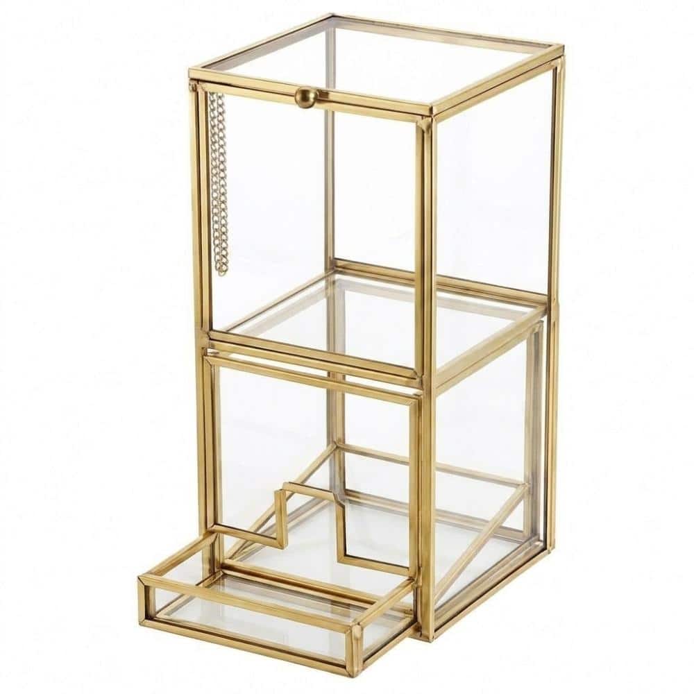 Unbranded Clear Glass Qtip Holder with Gold Metal Frame and 2-Compartment Lid for Cotton Balls and Swabs in Gold (1)