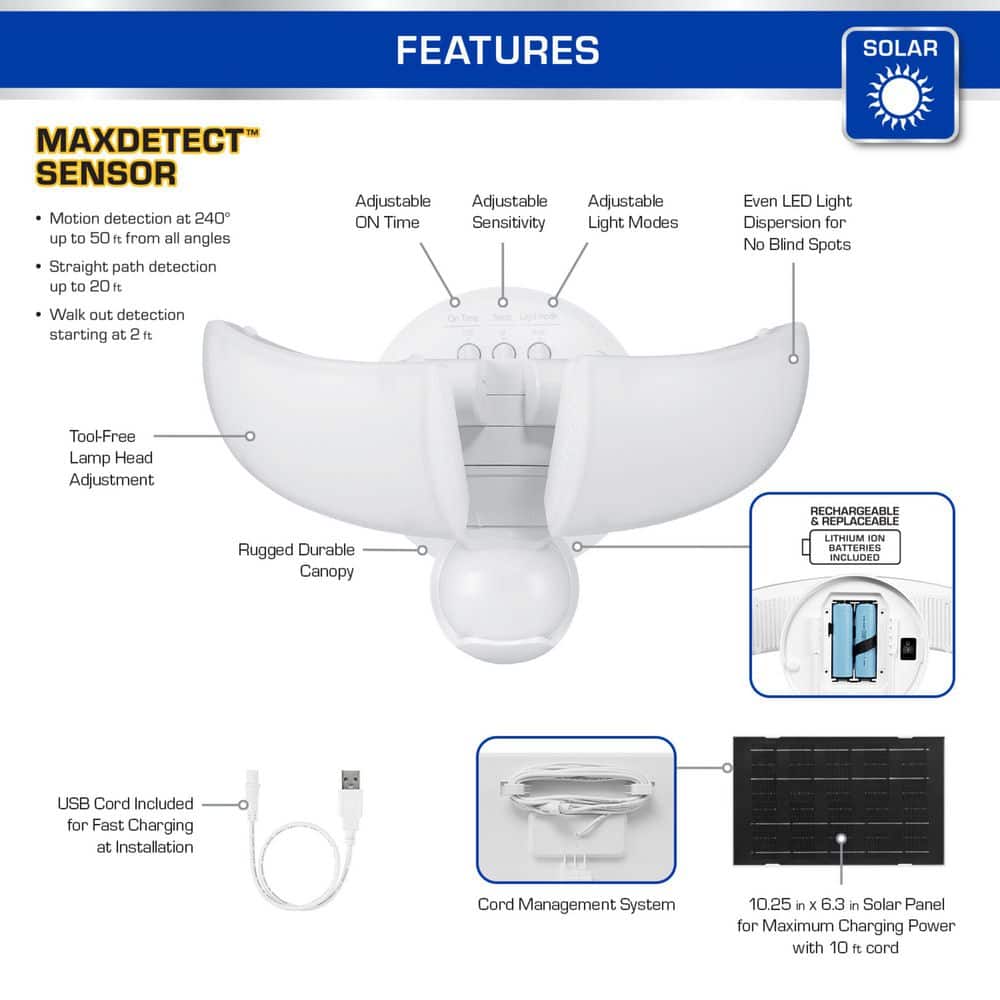 Defiant MaxDetect 240° White Motion Sensing Solar Powered Outdoor Security Light 2-Head Flood Light Integrated LED 1400 Lumens (4)