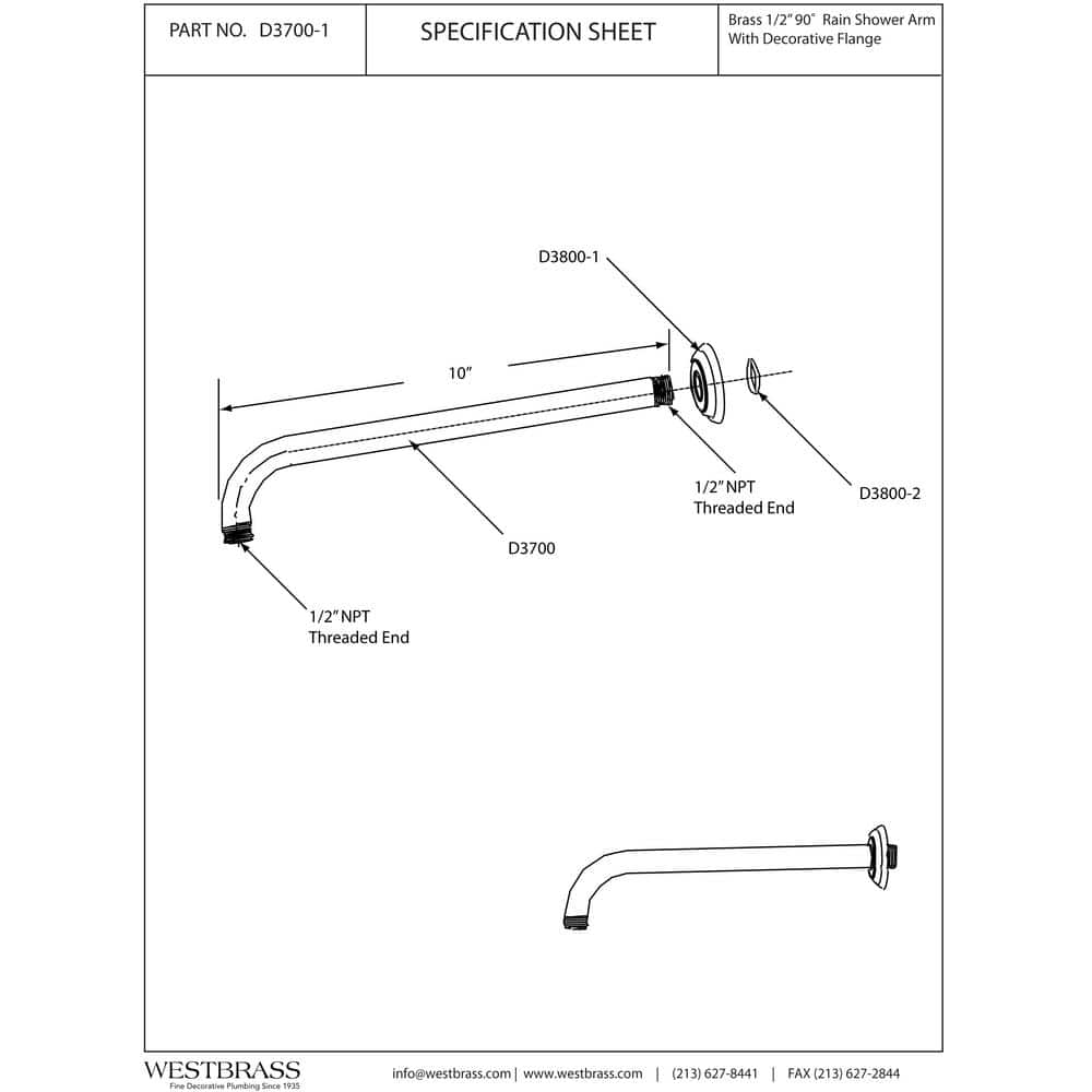 Westbrass 1/2 in. IPS 10 in. IPS Wall Mount 90-Degree Rain Shower Arm with Flange (2)