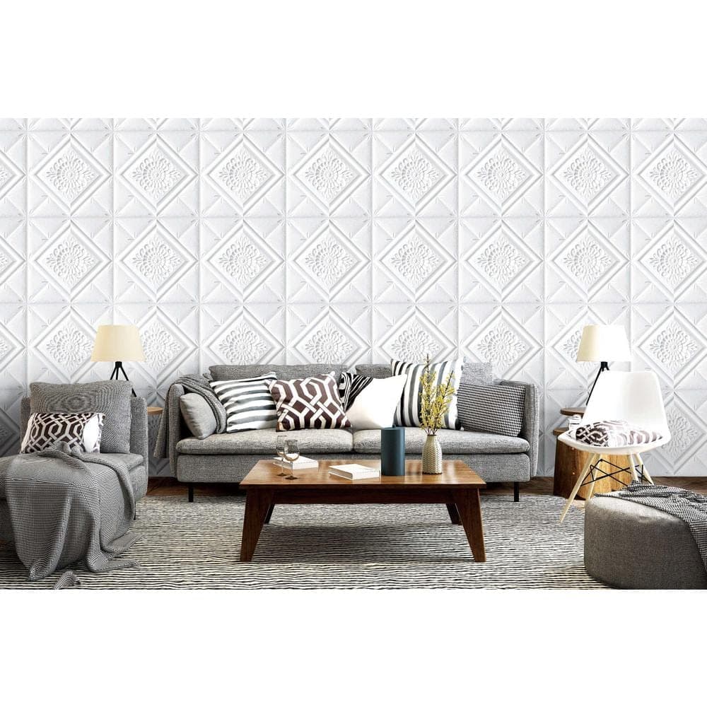 Dundee Deco Falkirk Jura II 1/3 in. 28 in. x 28 in. Peel and Stick Off White Stylized Flowers Diamonds Foam Decorative Wall Paneling (2)