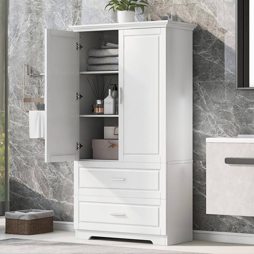 Unbranded 32 in. W x 15 in. D x 63.2 in. H White MDF Linen Cabinet with 2-Doors and Drawers, Adjustable Shelf