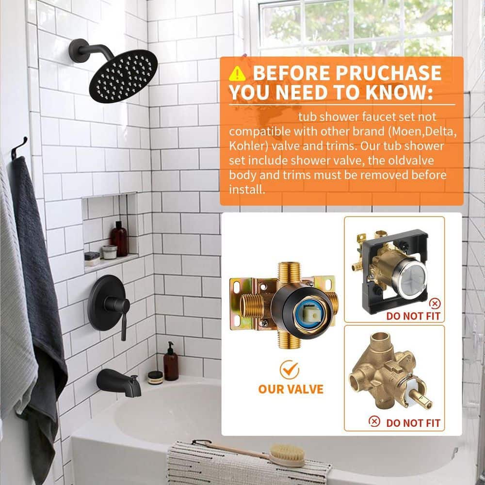 Helhom Matte Black Single Handle Tub Shower Faucet Trim Kit with Valve, 6 in. Rain Shower Head and Tub Spout for Bathtub Shower (2)