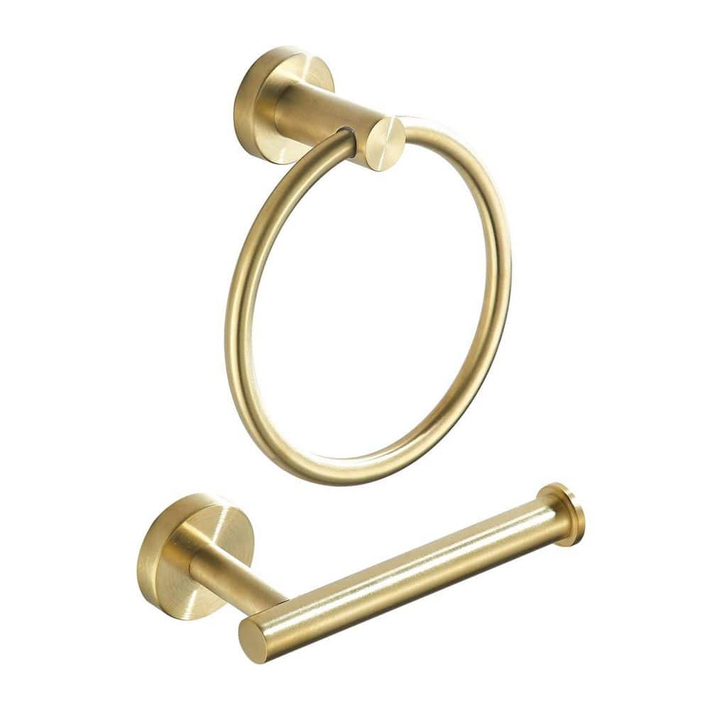Numhew 2-Piece Toilet Paper Holder Towel Ring, Wall Mount Stainless Steel Hand Towel Holder, Brushed Gold (1)