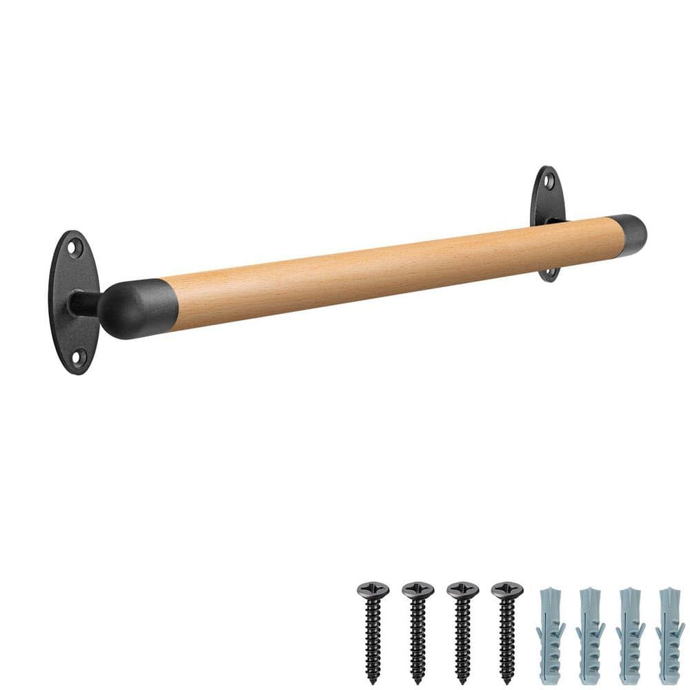 Unbranded 2.1 ft. Brown Beech Wood Handrail with Metal Brackets Indoor Staircase Safety Grab Bar Round Edge Design (1)