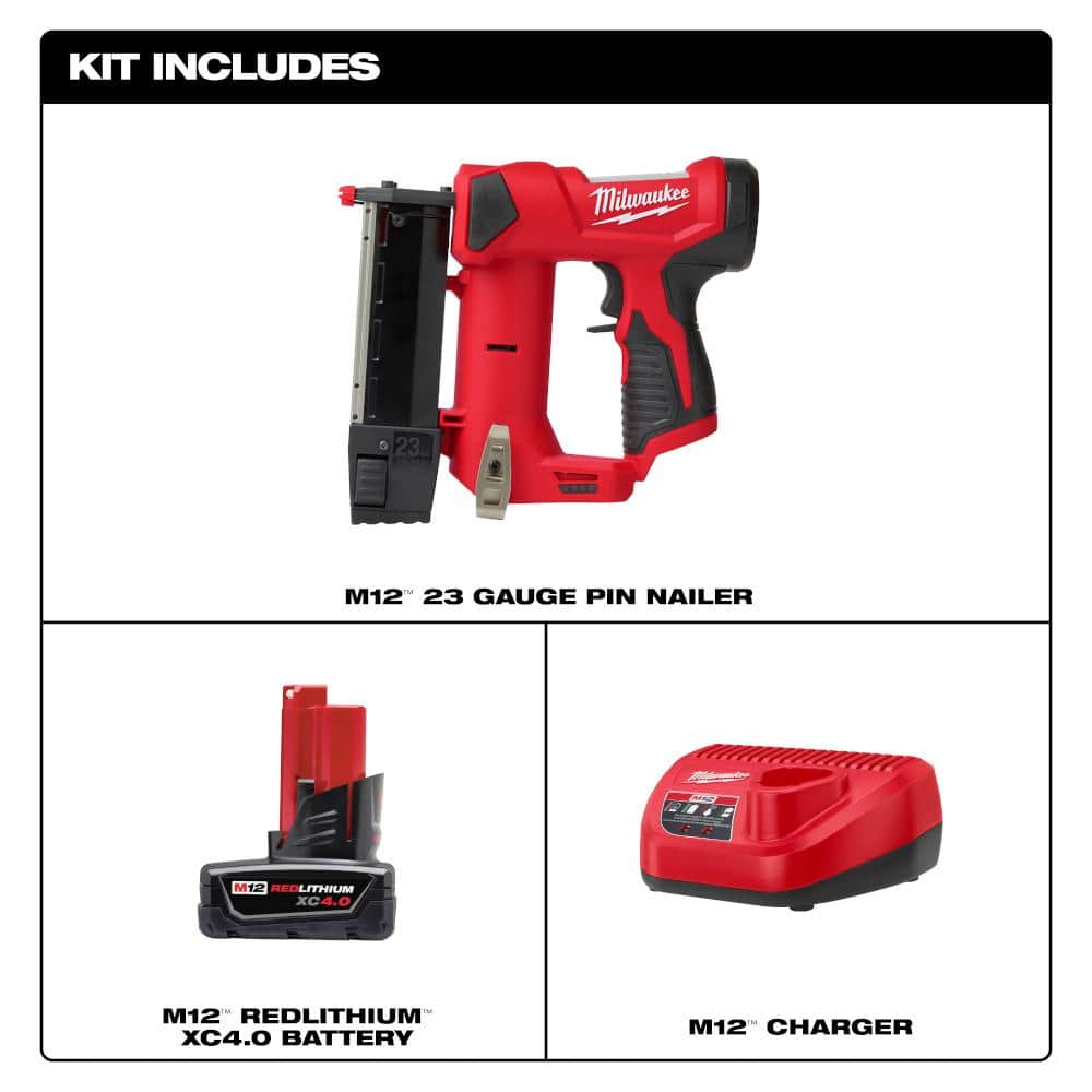 Milwaukee M12 12-Volt 23-Gauge Lithium-Ion Cordless Pin Nailer with Compact Battery Pack 2.0Ah and Charger Starter Kit (2)
