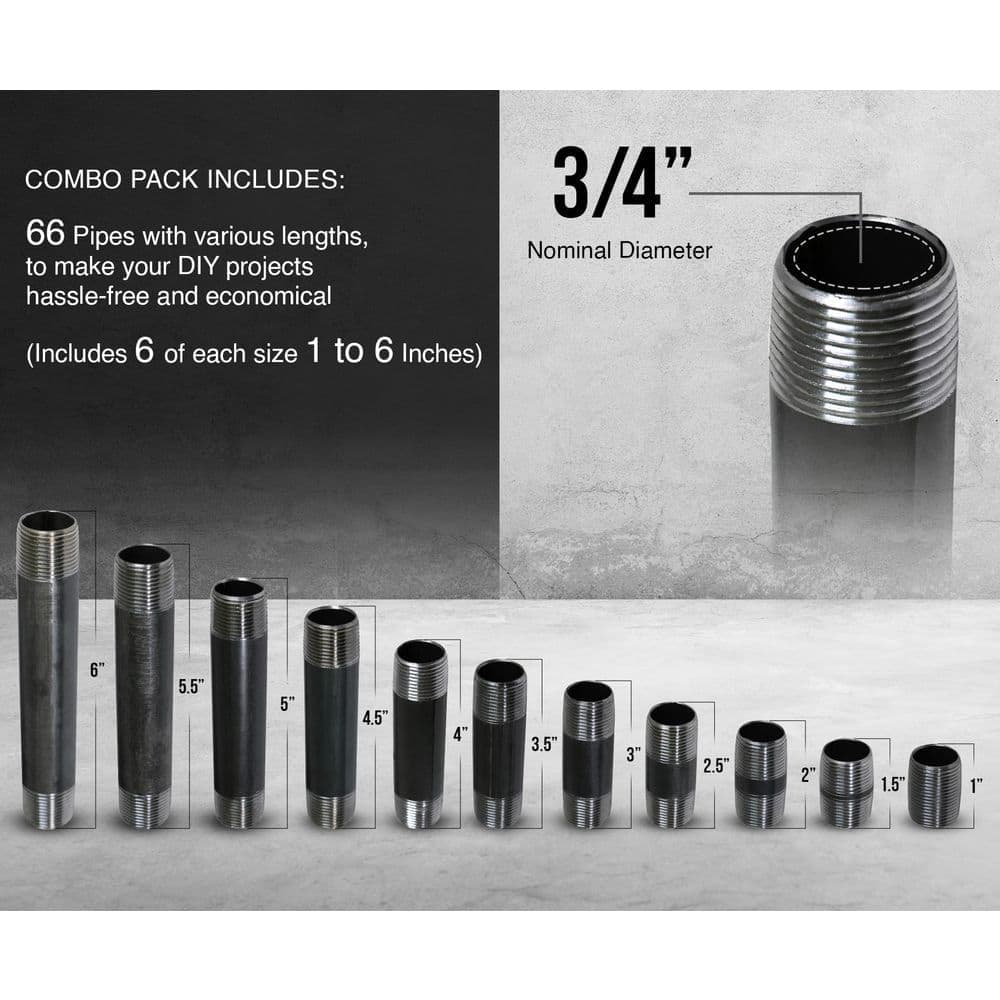 PLUMBFLEX 3/4 in. Black Steel Pipe Nipple Assortment, Includes Pipes- 6 of each Length 1 in.- 6 (2)