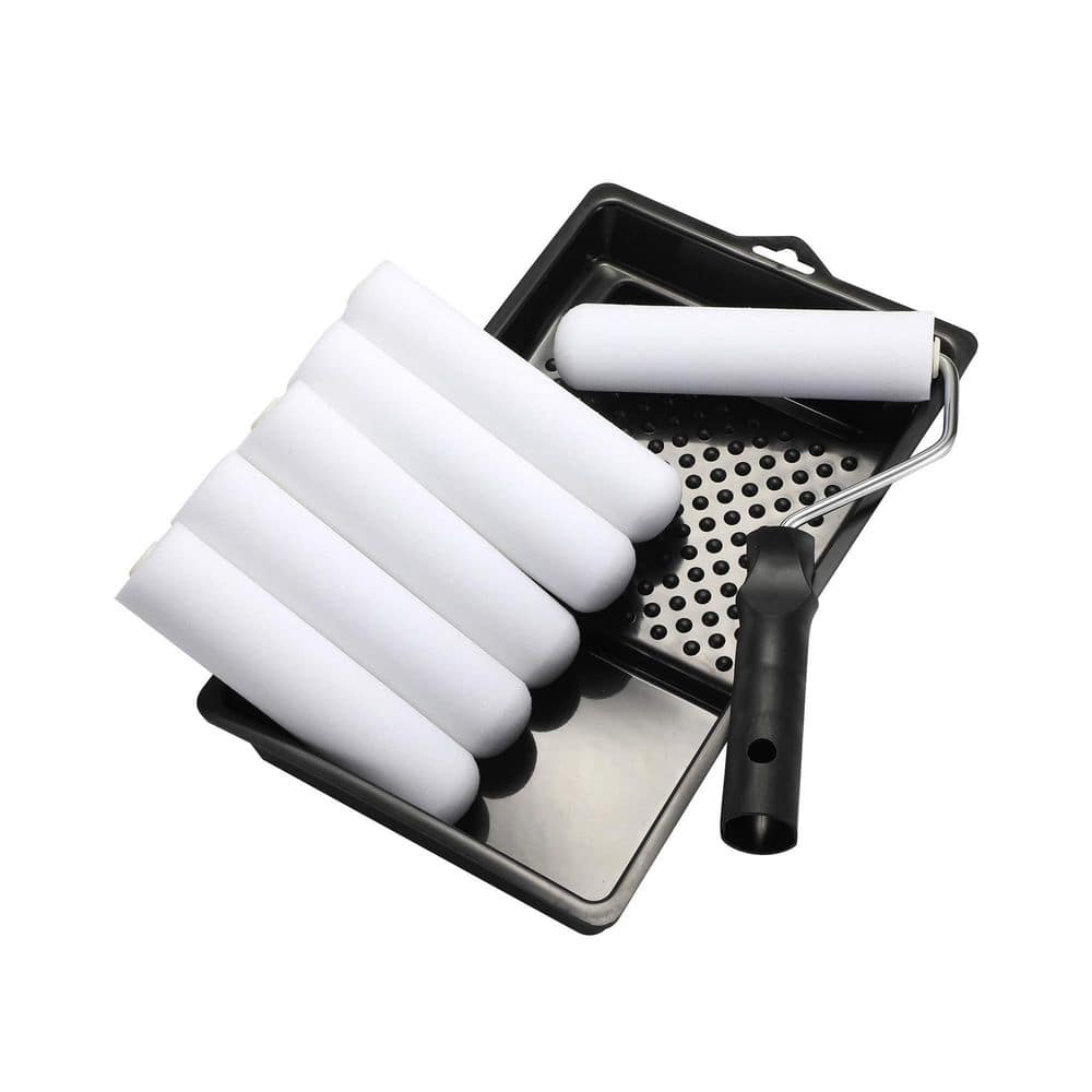 Unbranded 6 in. White High-Density Foam Paint Roller Kit Smooth Finish for Doors Cabinets Bathtubs Walls Pack of 8