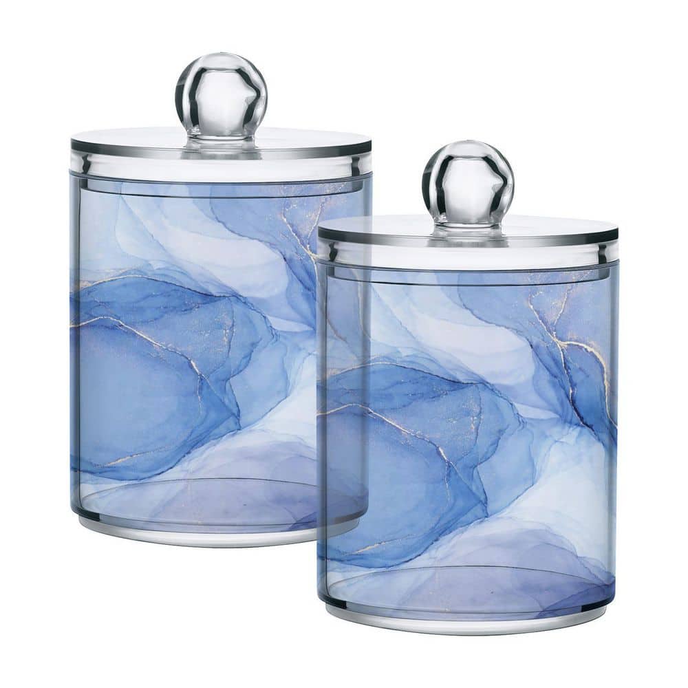 KHKFY 2-Pack 10 oz. Blue Marble Ink Acrylic Storage Canisters with Lids for Cotton Swabs Balls Bathroom Vanity (1)