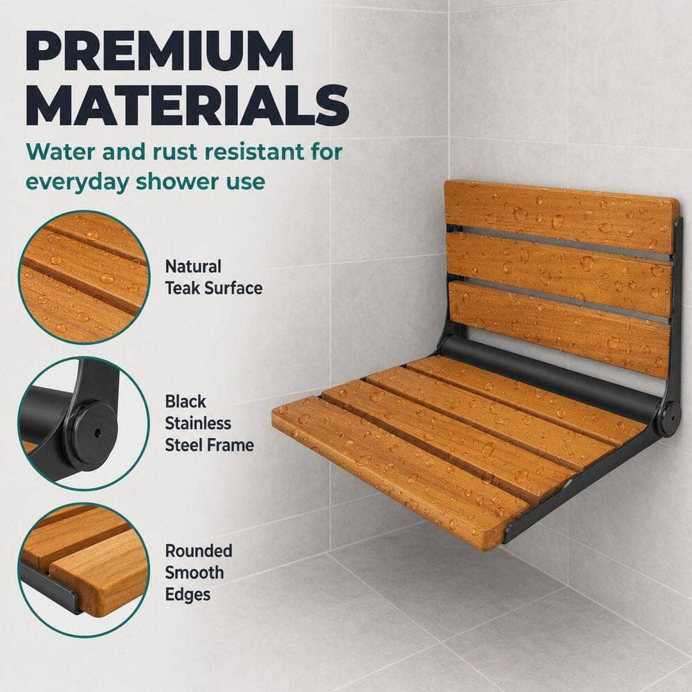 Numhew 17 in. W Teak Wood Folding Shower Seat in Brown Wall Mounted, Foldable Shower Chair for Home Care, 450 lbs Capacity (3)