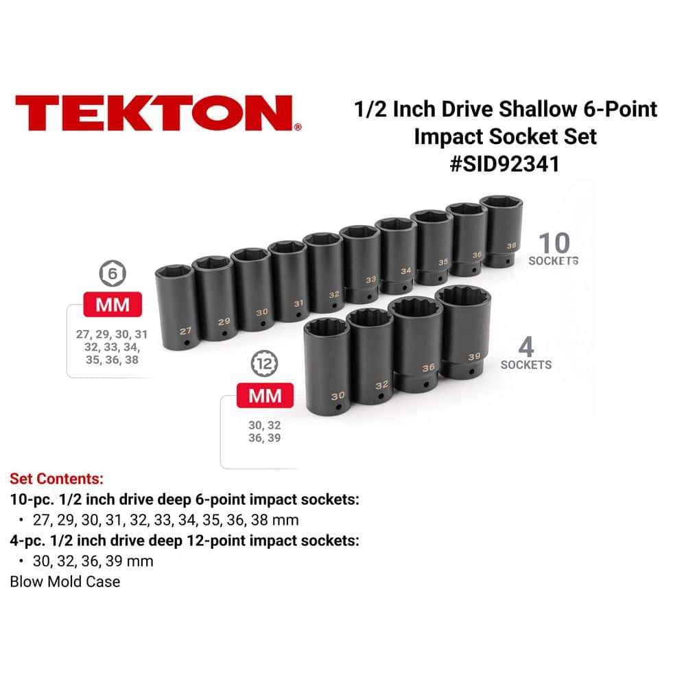 TEKTON 1/2 in. Drive Deep 6-Point and 12-Point Axle Nut Impact Socket Set with Case, 14-Piece (27-39 mm) (2)
