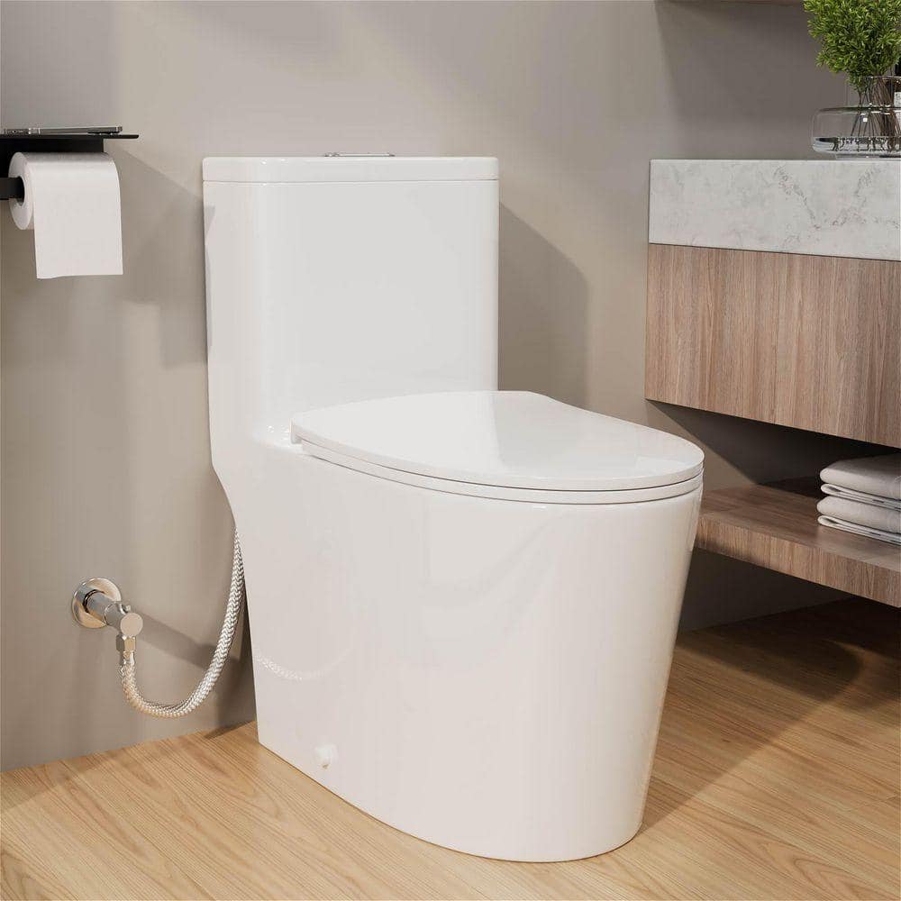 GIVING TREE 1-Piece 1.0/1.28 GPF High Efficiency Dual Flush Elongated ADA Chair Height Toilet in Gloss White Soft-Close Seat