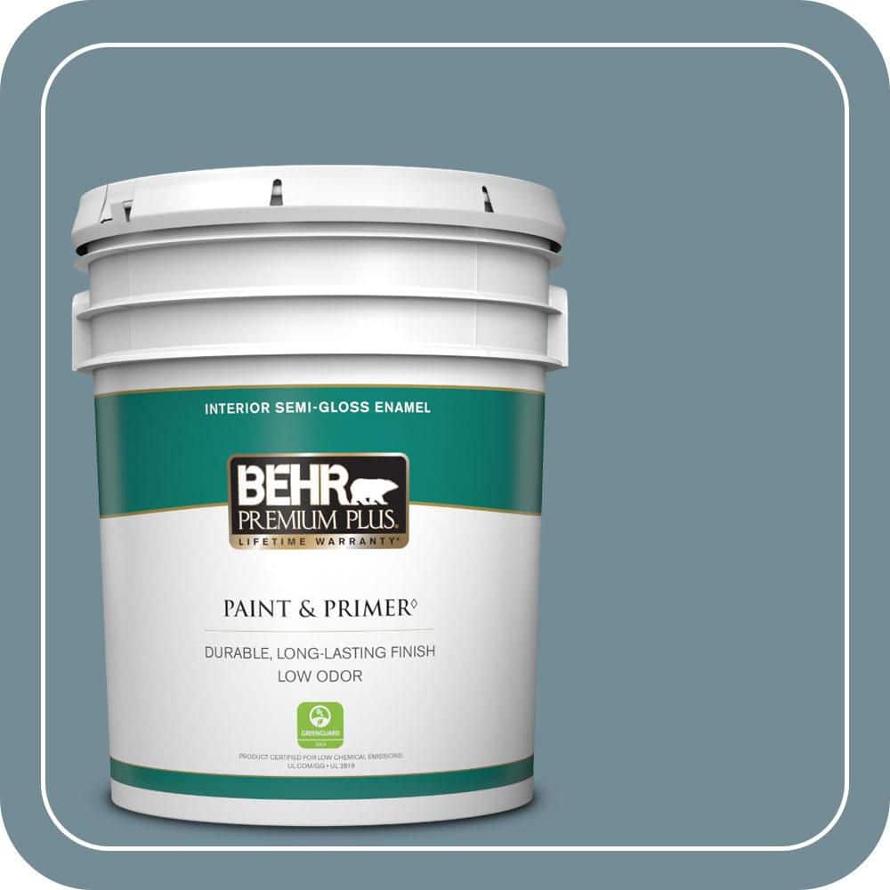 BEHR PREMIUM PLUS 5 gal. #QE-54 Shaker Blue Semi-Gloss Enamel Low Odor Interior Paint & Primer