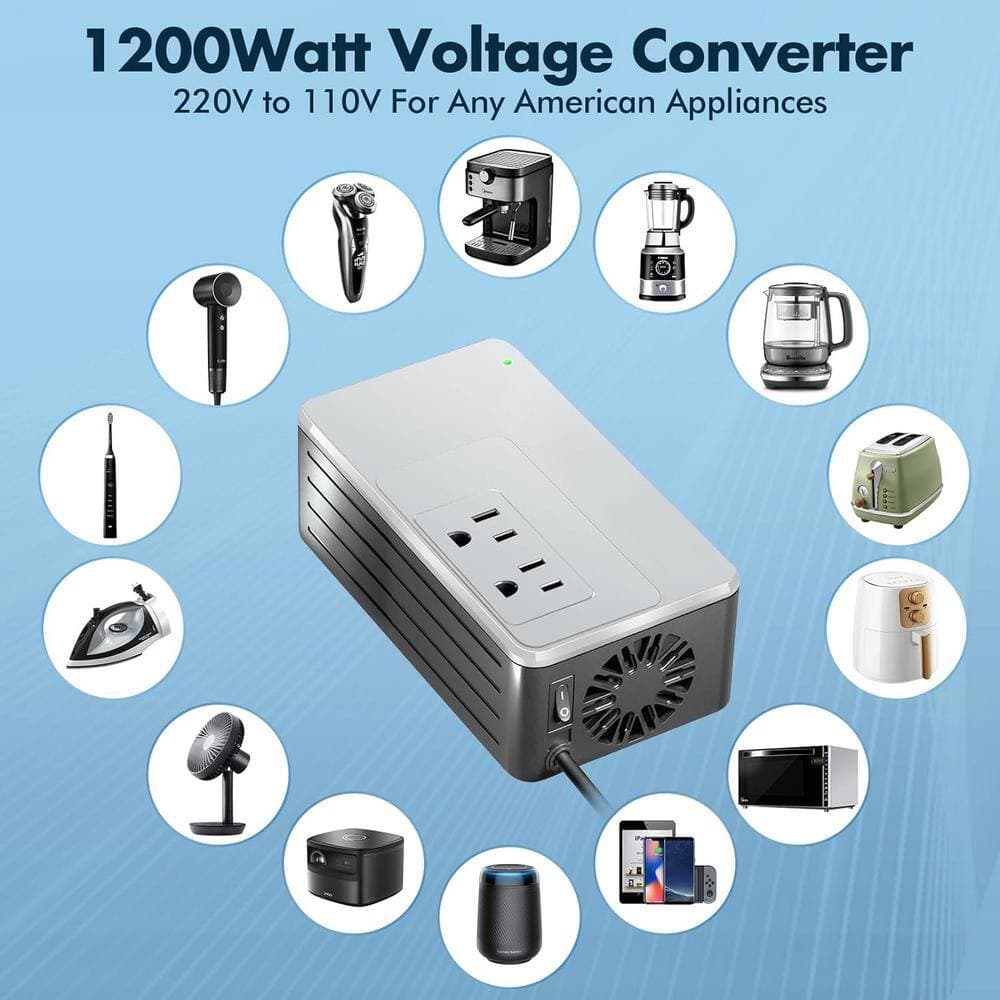 Lukyamzn 1200-Watt Universal Travel Adapter Voltage Converter 220-Volt to 110-Volt with 2-Outlets and 3-Different Plugs in Gray (2)