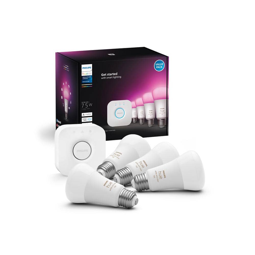 Philips Hue 75-Watt Equivalent A19 Smart LED Color Changing Light Bulb Starter Kit (4 Bulbs and Bridge)
