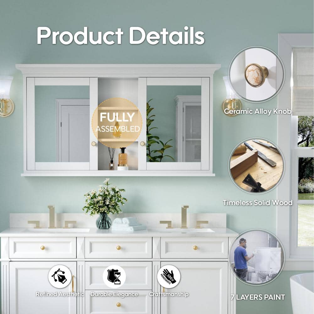 ANGELES HOME 55 in. W 30 in. H Solid Wood Frame Bathroom Medicine Cabinet with Mirror, Soft-Closed Doors, Easy Hang (3)