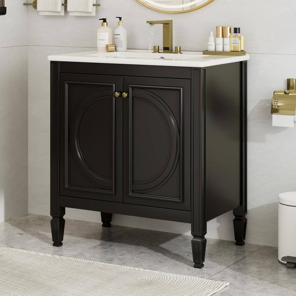 Flynama 30" Vintage Black Vanity Sink, 2 Doors with Shelf, Soft Close Door Hinges (2)