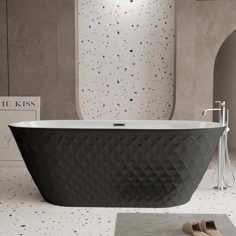 INSEEDE SORA 67 in. Diamond Pattern Spa-Like Freestanding Soaking Tub, Black Acrylic with Overflow & Pop-Up Chrome Drain (1)