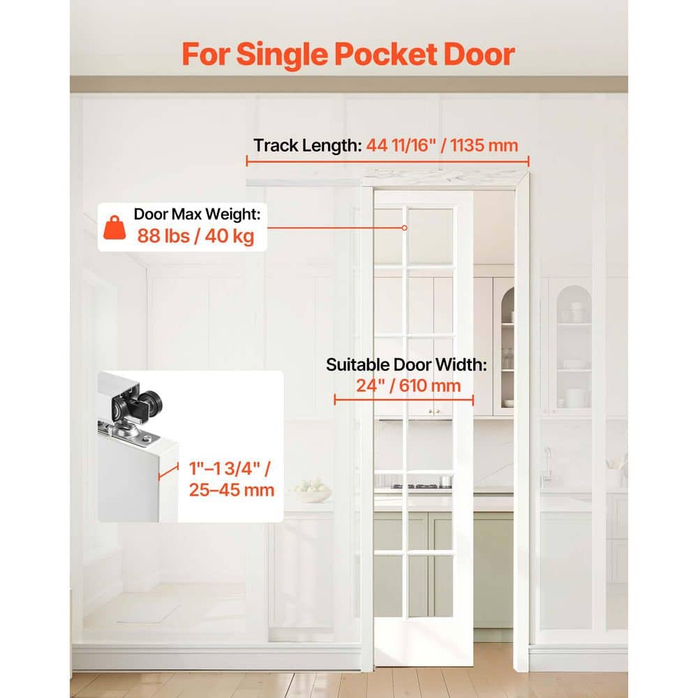 VEVOR Sliding Pocket Door Track Kit, 44.69in Soft Close, Smooth Quiet Sliding, Easy Install, 1-1 3/4in Thick, 24in Single Door (2)