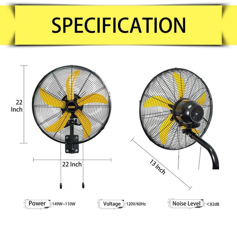 WOCK HICFM 20 in. Yellow Wall Mounted Fan, 4800 CFM 3-Speed Oscillating Heavy Duty Fan for Garage, Workshop, Warehouse Use (3)