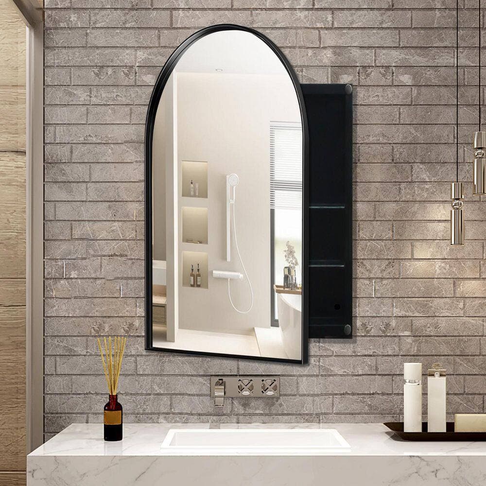 Siavonce 24 in. W x 36 in. D x 5 in. H Arched Recessed Bathroom Linen Cabinet with Mirror and Adjustable Shelves, Matte Black (2)