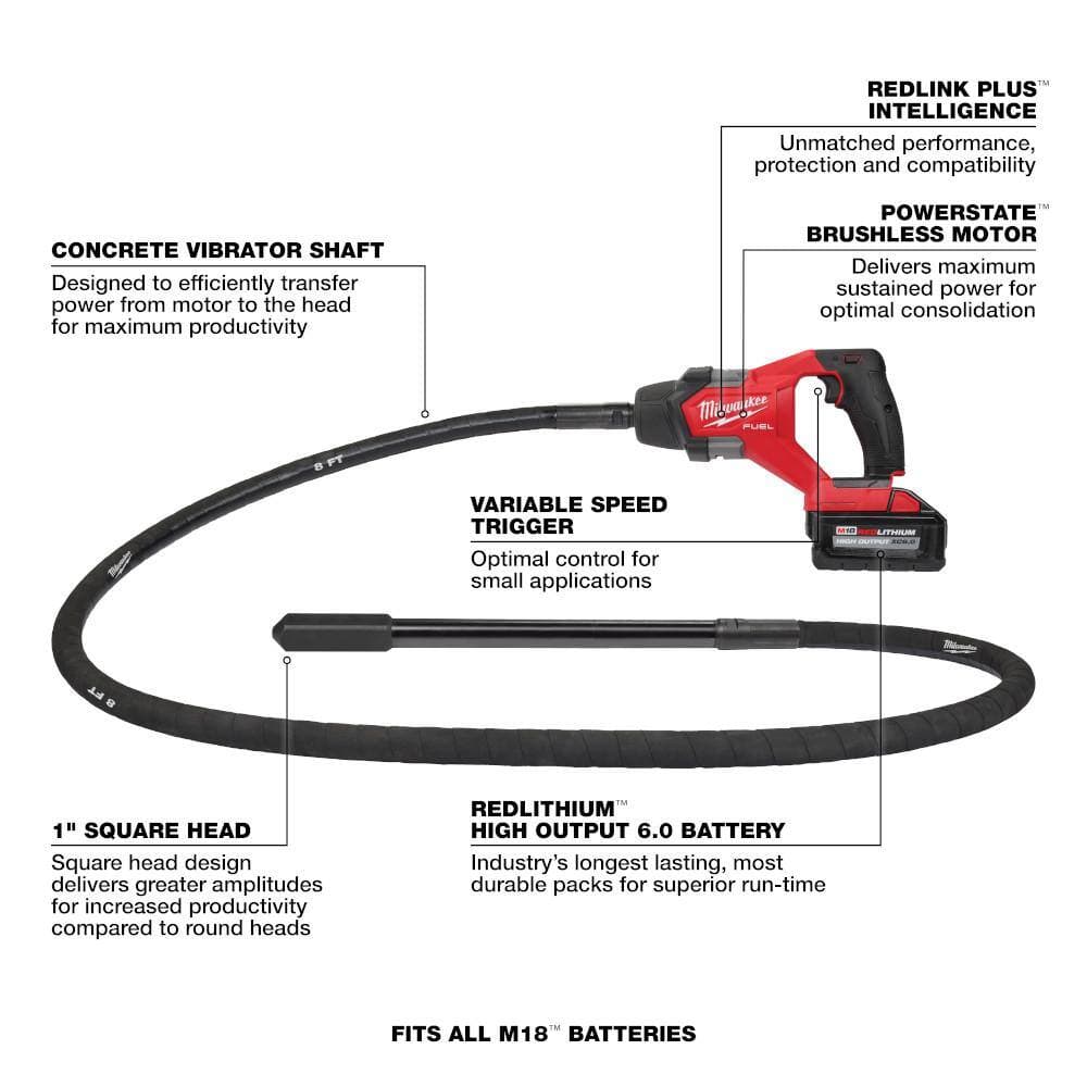Milwaukee M18 FUEL 18V Lithium-Ion Brushless Cordless 8 ft. Concrete Pencil Vibrator Kit with 6.0 Ah Battery (3)