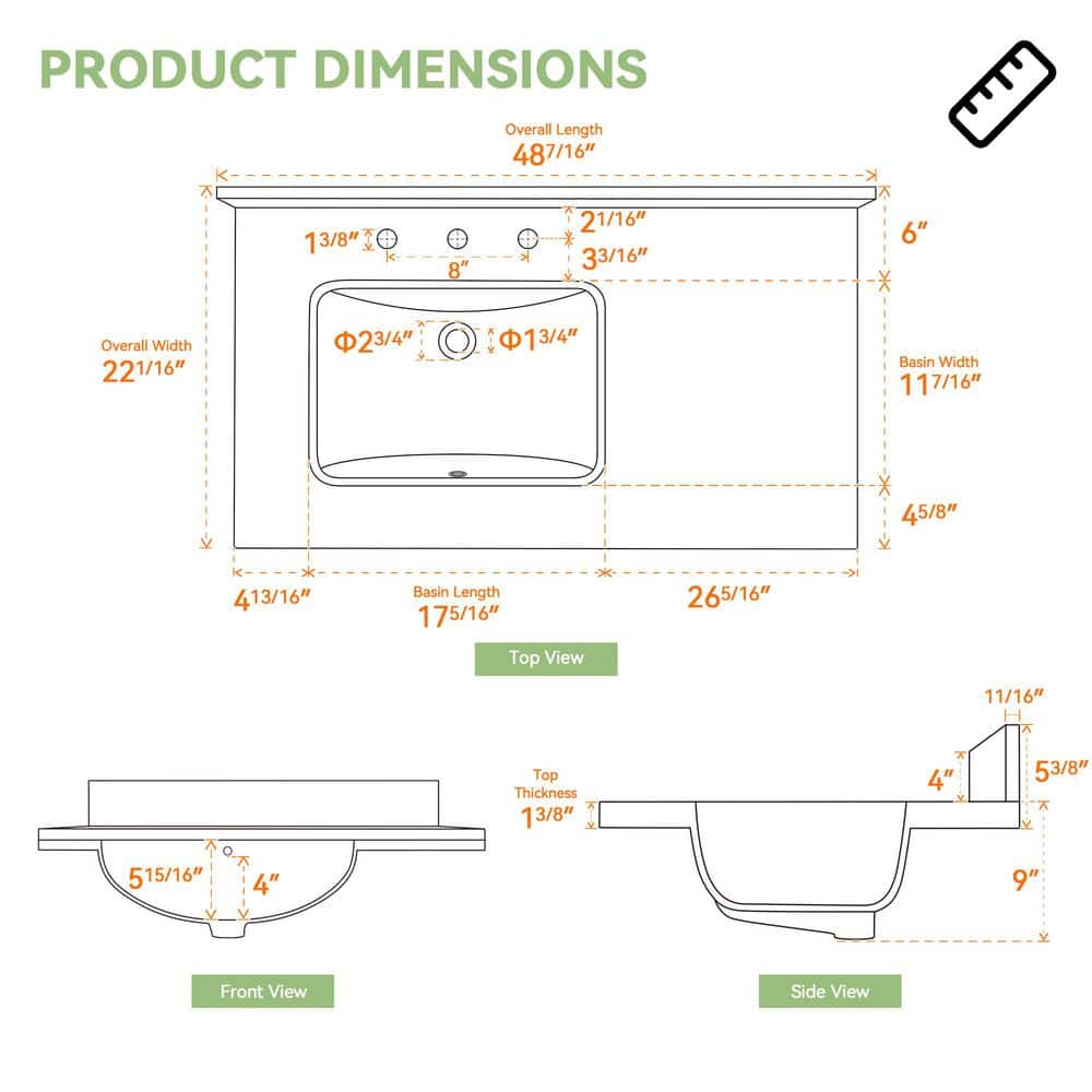 Getpro 48 in. W x 22 in. D Engineered Stone White Rectangular Left Single Sink Vanity Top in Carrara White w/ 4 in. Backsplash (2)