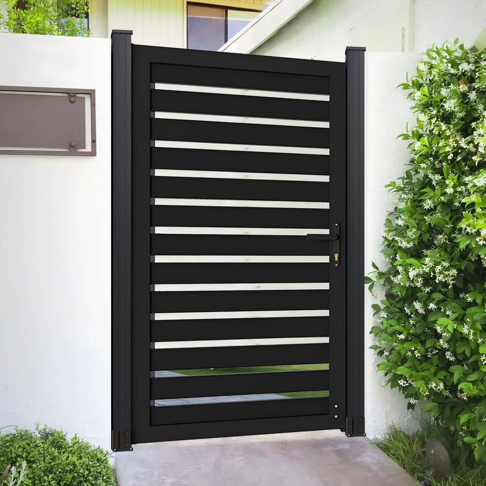 mondaria 3 ft. W x 6 ft. H Sooty Black Aluminum Alloy Semi-Enclosed Slat Gate For Ventilation with Lock and Anti-Sag Wheel (2)