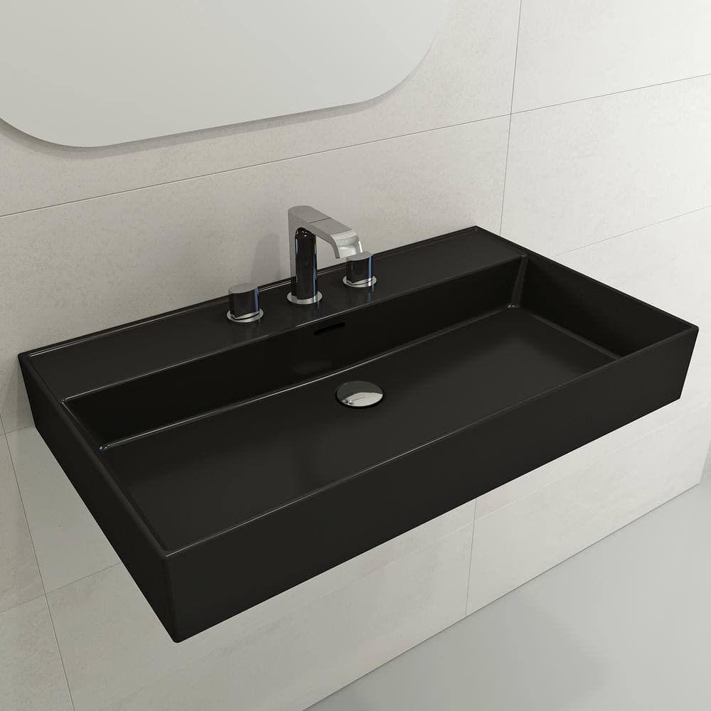 BOCCHI Milano Wall-Mounted Matte Black Fireclay Rectangular Bathroom Sink 32 in. 3-Hole with Overflow (2)