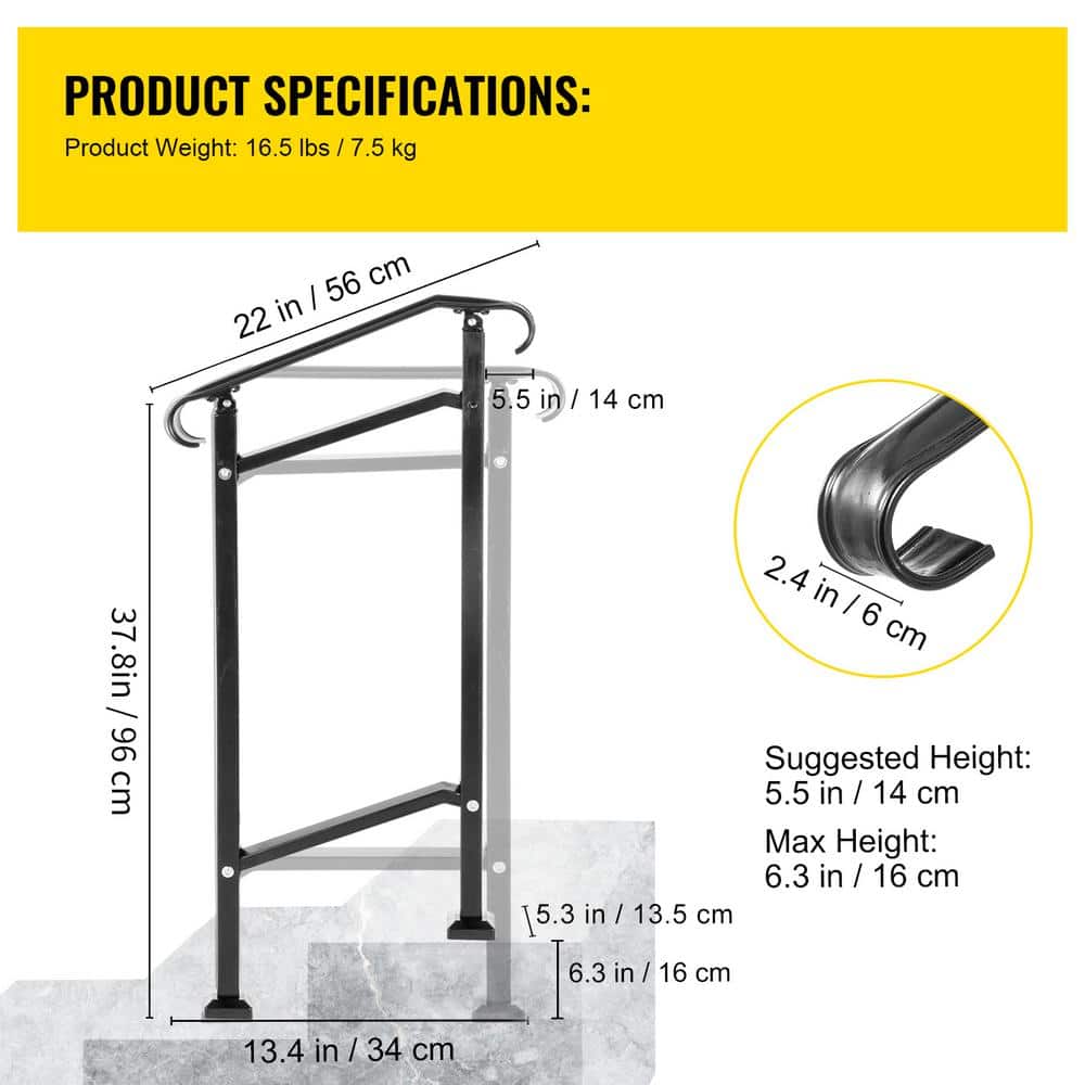 SKYSHALO Outdoor Stair Railing Fit 1 or 2 Steps 37.8 in. H x 6.3 in. W Black Wrought Iron Stair Railing Kit (2)