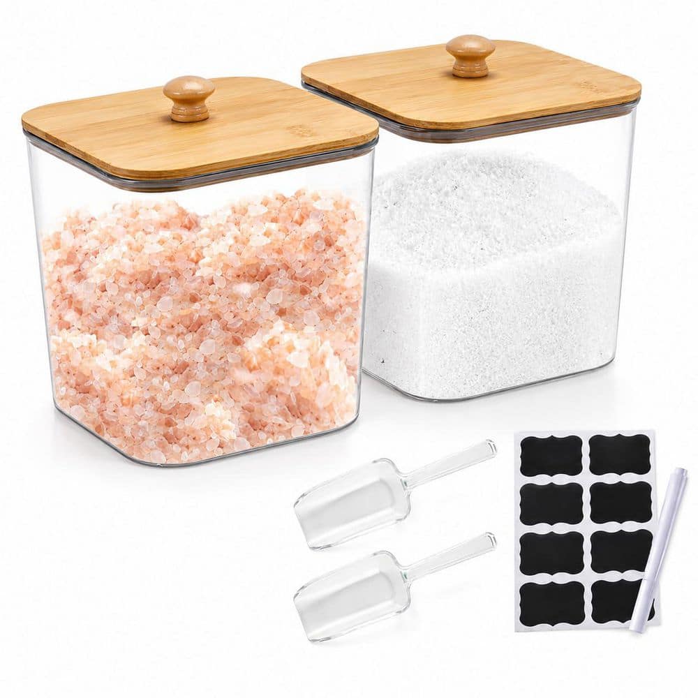 KHKFY Clear PET Bath Salt Jars with Bamboo Lids and Handles, 2 Pack, 6.1 in. L x 6.1 in. W x 7 in H Airtight (1)
