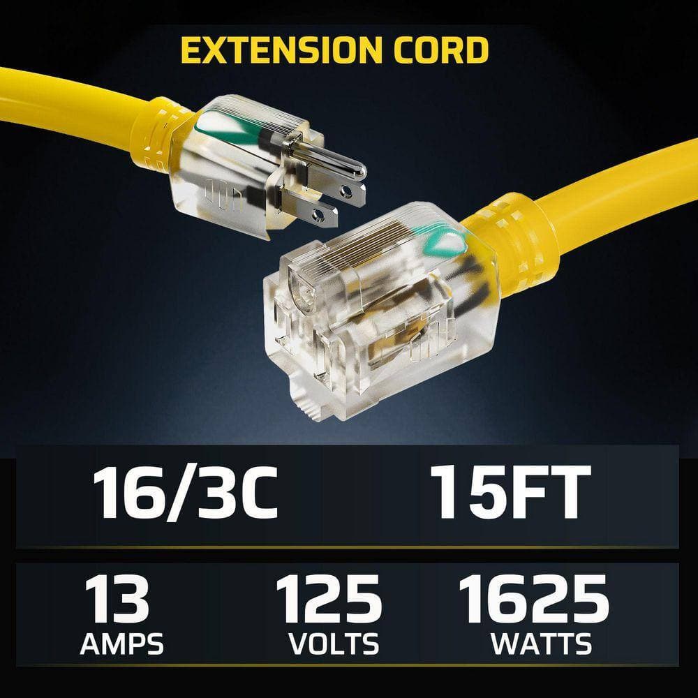 DEWENWILS 15 ft. 16 / 3 Gauge 3 Prong Outlet with Indicator Light SJTW Indoor/Outdoor Extension Cord, Yellow, ETL Listed, 2 Pack (2)
