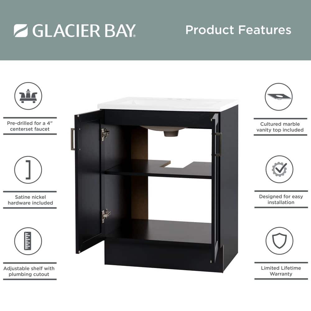 Glacier Bay Fonthill 24.5 in. W x 18.75 in. D x 32.89 in. H Single Sink Bath Vanity in Black with White Cultured Marble Top (4)